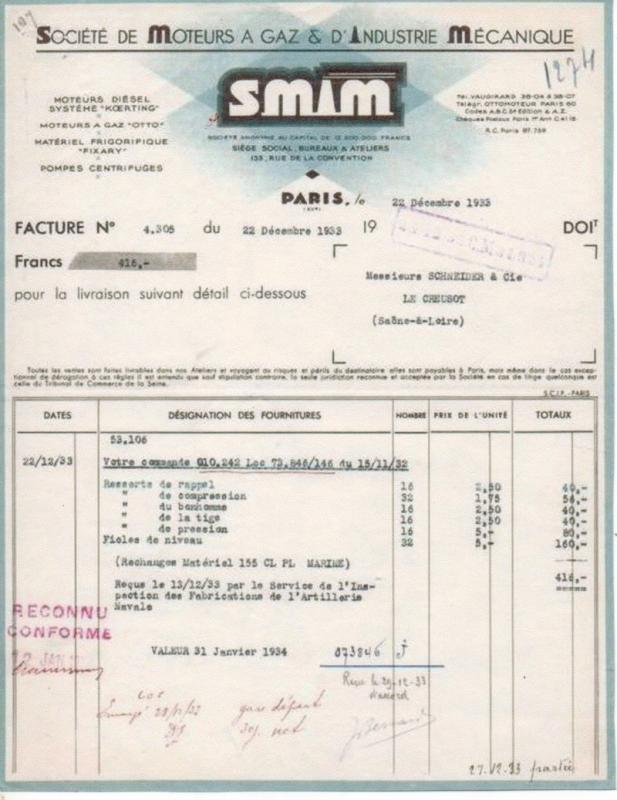 Ligne Maginot - Facture SMIM - 1933 - Noter l'adresse télégraphique OTTOMOTEURS PARIS   