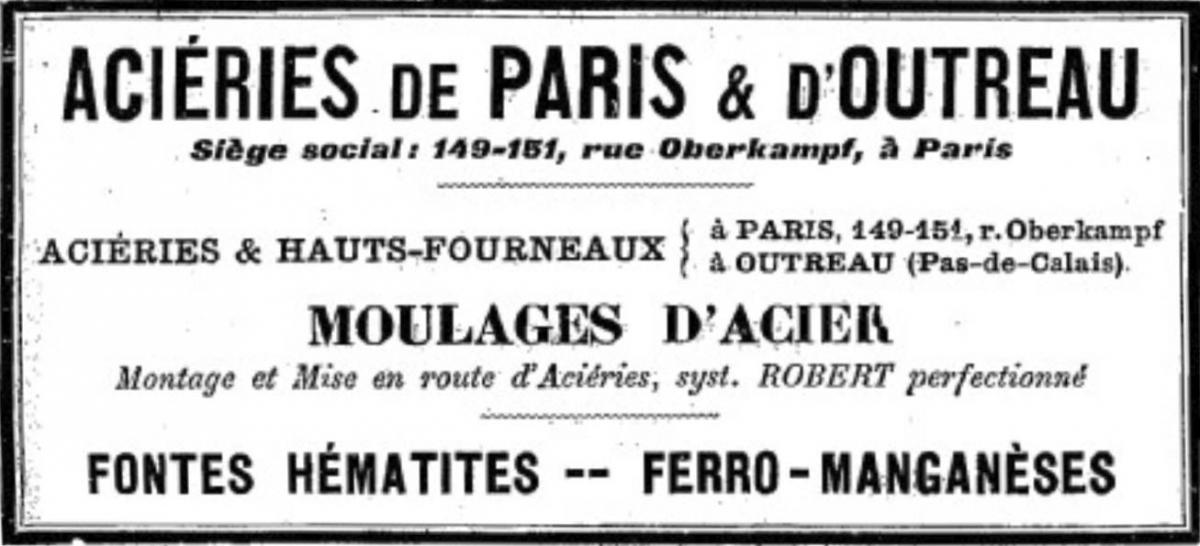 Ligne Maginot - Aciéries de Paris et dOutreau - Encart publicitaire dans  l'Echo des Mines et de la métallurgie, janvier 1914