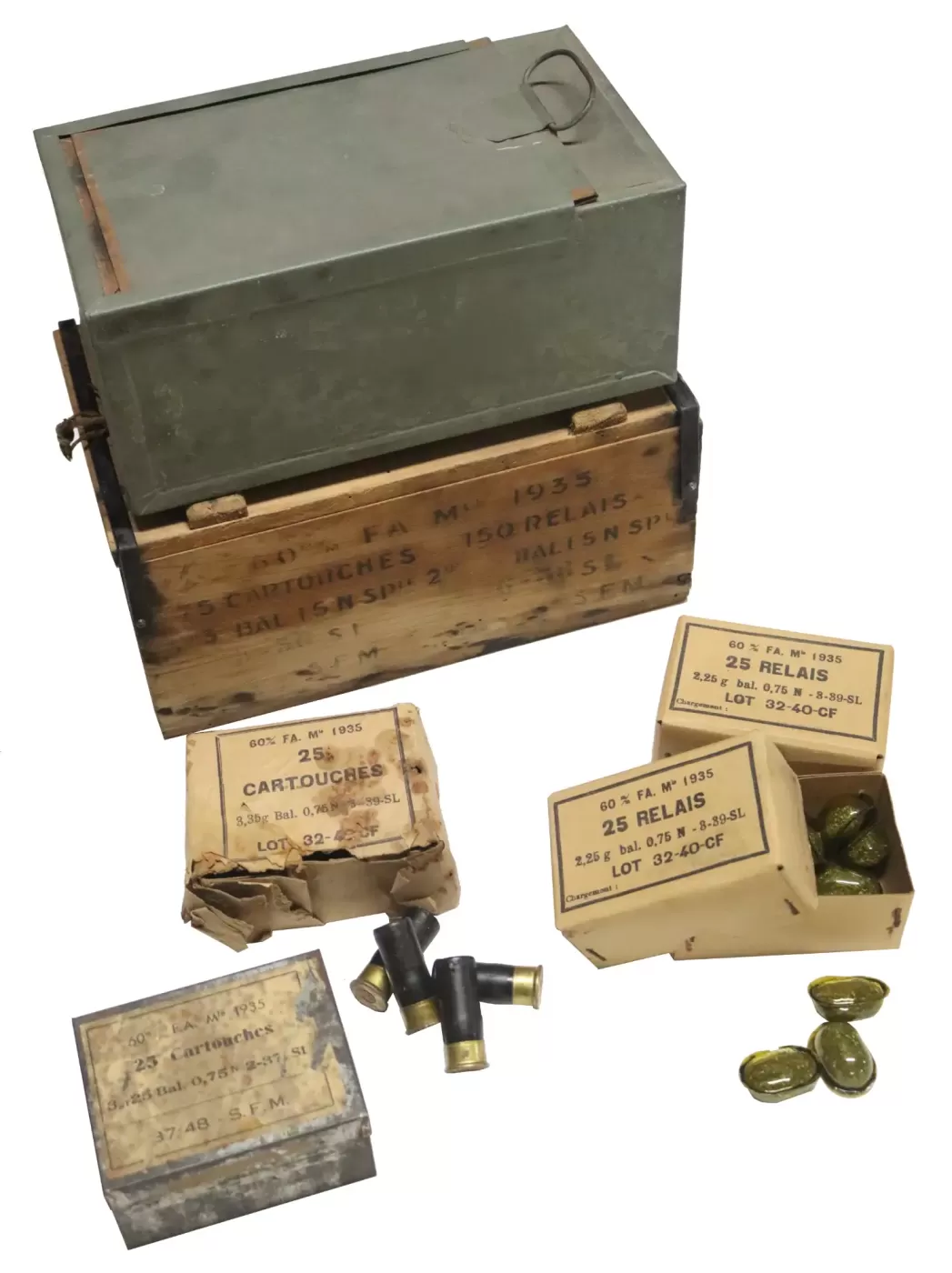 Ligne Maginot - Munition pour mortier de 60 mm FA mle 1935 (60 FA 35) - Caissette bois renfermant les cartouches et les relais