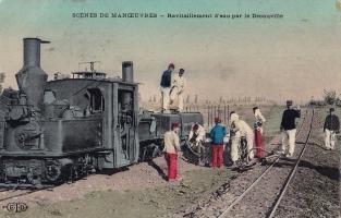 Ligne Maginot - Locotracteur Péchot-Bourdon modèle 1888 - Carte postale datant du premier conflit montrant un locotracteur et une citerne d'eau attelée