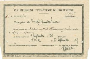 Ligne Maginot - MOIRY - (Casemate d'infanterie - Double) - Permission du soldat de deuxième classe PAUL HARMAND ( mariage ) , alors en poste à la casemate de Moiry et signé par le commandant LEVILLAIN du 4 ème bataillon .