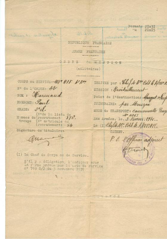 Ligne Maginot - MOIRY - (Casemate d'infanterie - Double) - Ordre de mission du soldat Harmand