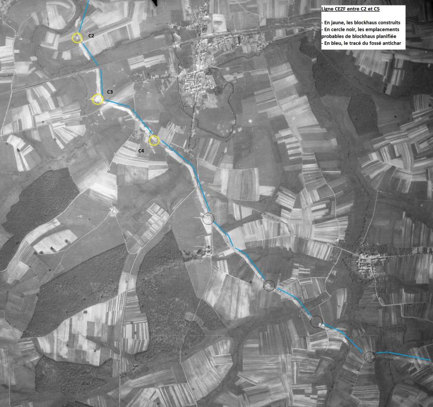 Ligne Maginot - Ligne CEZF entre C1 et C5 - 1948 - Sure cette photo de 1948, le tracé de la ligne CEZF apparaît clairement.