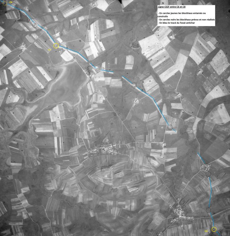 Ligne Maginot - Ligne CEZF entre C6 et C8 - 1948 - Sure cette photo de 1948, le tracé de la ligne CEZF apparaît clairement.