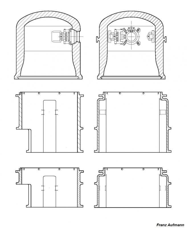 Ligne Maginot - Cloche modèle 1930 pour jumelage de mitrailleuses - Coupe du cuirassement partir modèle et de deux types de socles 