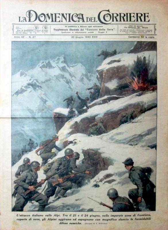 Ligne Maginot - LA DOMENICA DEL CORRIERE 30 giugno 1940 - Attaque du bloc vue par les italiens 
LA DOMENICA DEL CORRIERE 30 giugno 1940
Articoli o foto: Alpini all’attacco sulle Alpi (coperta)