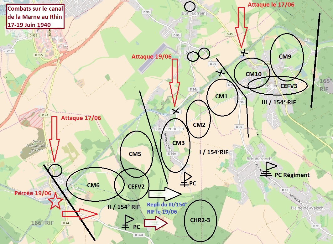 Ligne Maginot - Position du 154° RIF - 16-19 Juin 1940 - Fond : Openstreetmap.org