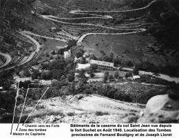 Ligne Maginot - COL SAINT JEAN - (Casernement) - Caserne du col Saint Jean en août 1940
Noter sur la gauche les lacets de col St Jean et en haut ceux vers le col de Braus.