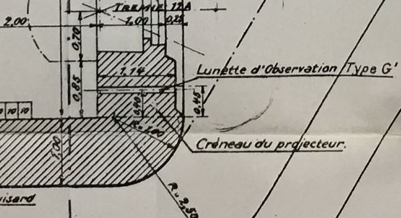 Ligne Maginot - Extrait du plan-type de la Casemate à créneau décalés Mle 1936 - Position de la lunette d'observation