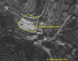 Ligne Maginot - 3 - VILLA BIEN SITUEE - (DMP - Dispositif de Mine Permanent) - Photo aérienne de 1943 - la zone touchée par le DMP est bien visible. A cette date, la RN 7 a été rétablie.