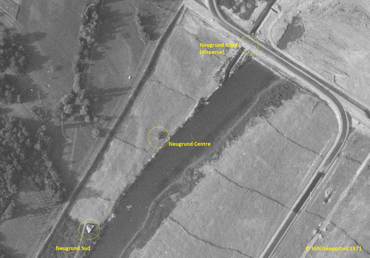 Ligne Maginot - NEUGRUND (Casemates d'infanterie) - La localisation des trois blocs de Neugrund au moment des travaux de 1971