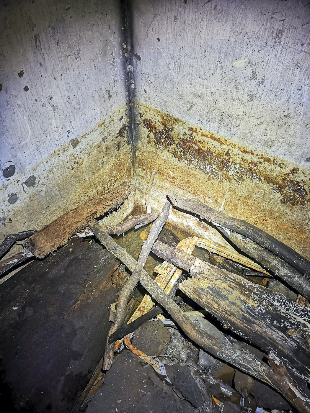 Ligne Maginot - U2 - (Chambre de coupure) - L'arrivée des câbles dans la chambre de coupure.... on voit un reste de câble à travers tous les débris.