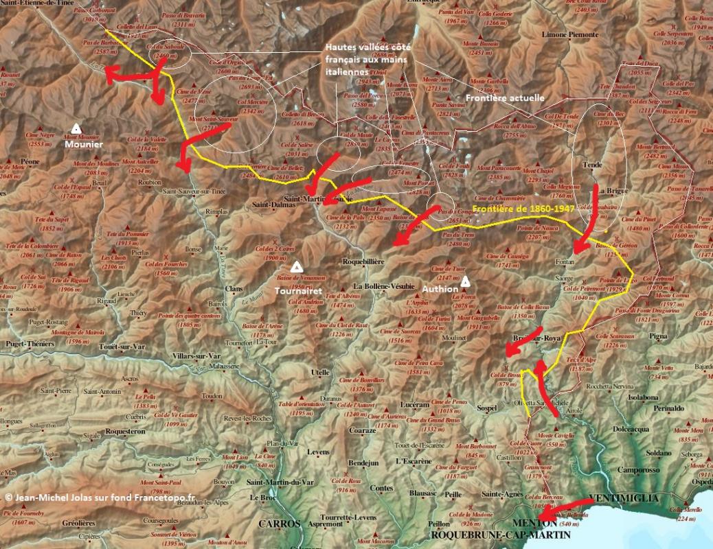 Ligne Maginot - Massif des Alpes - Frontière Alpes-Maritimes - Frontière de l'époque et hautes vallées en possession des italiens