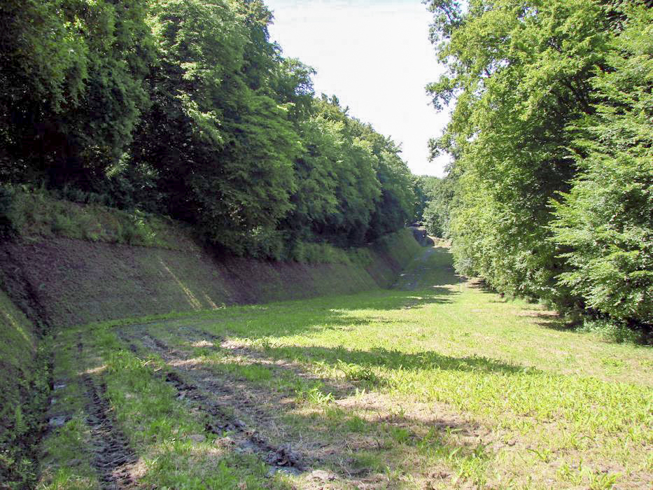 Ligne Maginot - HACKENBERG - A19 (Ouvrage d'artillerie) - Vue du fossé antichar depuis le bloc 22 en direction du bloc 23 que l'on aperçoit au fond.