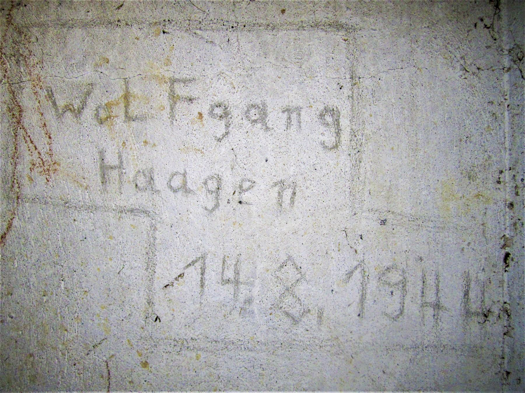 Ligne Maginot - SPIESS 1 - (Blockhaus pour arme infanterie) - Graffiti allemand 'Wolfang Haagen' daté du 14/08/1944