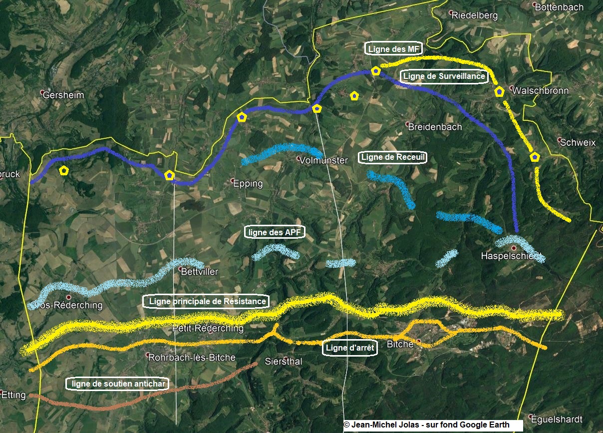 Ligne Maginot - Lignes de défense du SF Rohrbach - Les 7 lignes successives, sur fond Google Earth