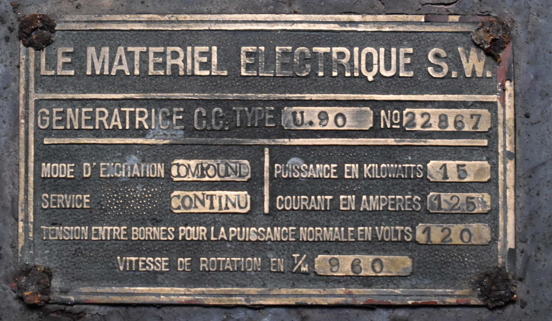 Ligne Maginot - ROCHE LA CROIX (RLC) - (Ouvrage d'artillerie) - Bloc 5
Plaque de constructeur du moteur de la sous-station de conversion de la tourelle