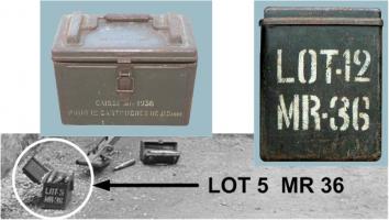 Ligne Maginot - Traçabilité du fabricant, de l’année et du lotissement de la munition peut être assurée par peinture sur la caisse Mle 1936 - Méthode non réglementaire.
