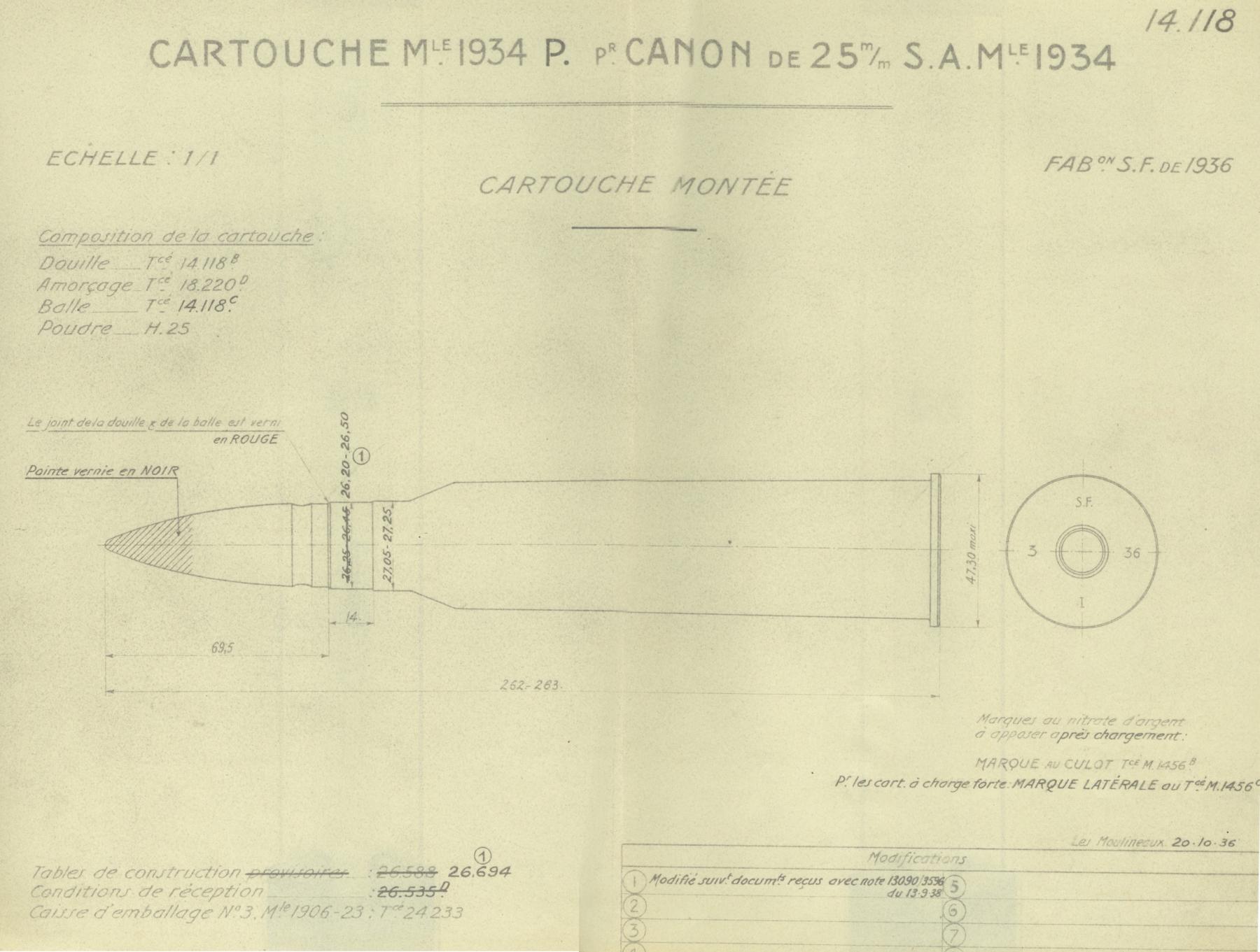 La cartouche de 25mm à balle P Mle 1934 – Tracé N° 14118