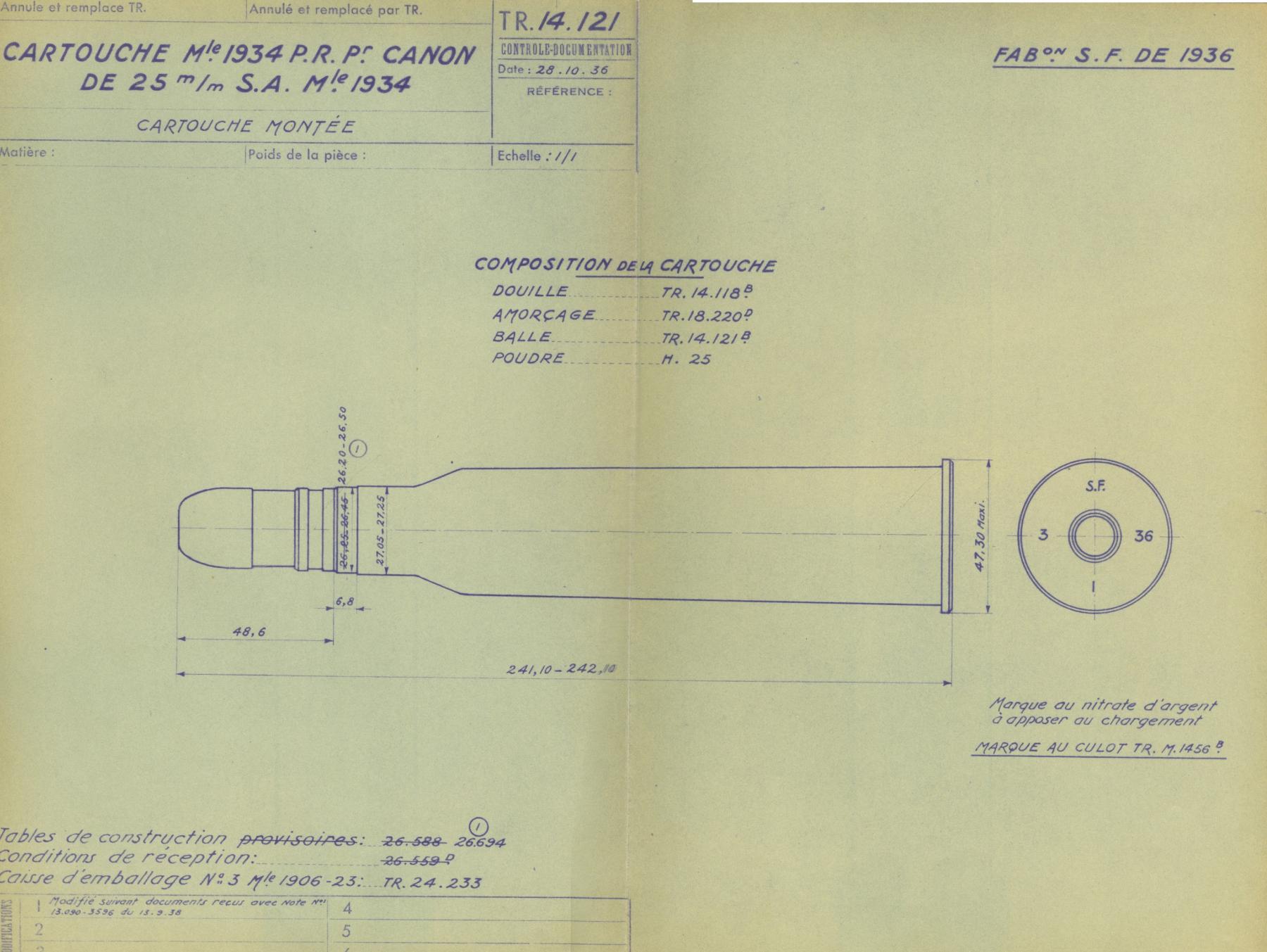 La cartouche de 25mm à balle à Portée Réduite Mle 1934 – Tracé N° 14121