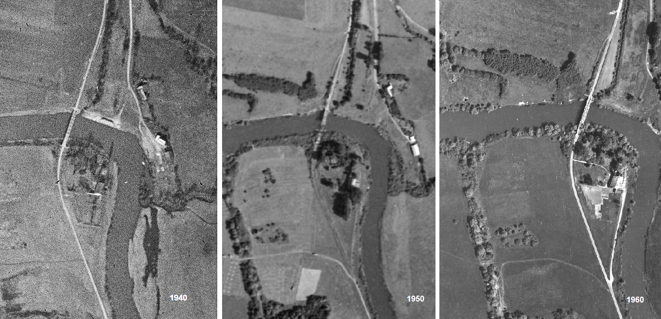 Ligne Maginot - 19LM - (DMP - Dispositif de Mine Permanent) - Avant (1940)-Après (1950 et 1960).
Noter le pont provisoire pour la route et la disparition des maisons proches du pont d'origine.