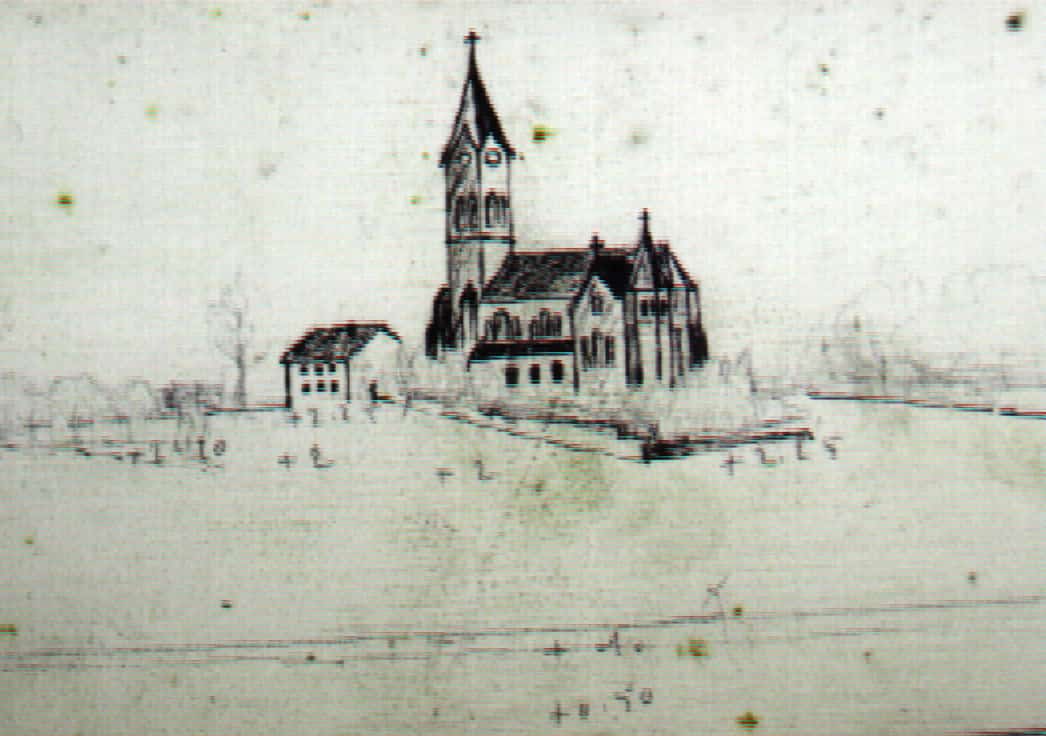 Ligne Maginot - BOIS KARRE - A12 - (Ouvrage d'infanterie) - L'église d'Usselskirch représentée sur le panorama peint sur la collerette de la tourelle de mitrailleuse.