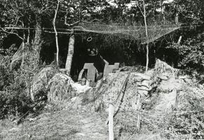 Ligne Maginot - Pièce de 155C Saint-Chamond mle 1915 - L'une des pièces du II° groupe du 159°RAP en position dans la foret de la Hardt.
La pièce a été sabotée lors du repli du 159° RAP, la photo prise par les allemands en 1940