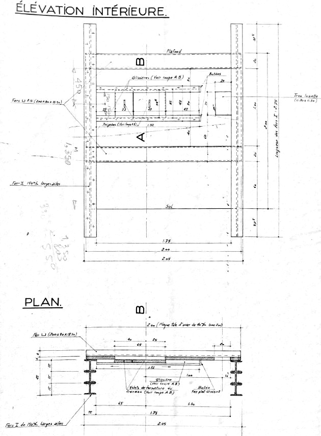 Ligne Maginot - Embrasure pour canon de 25mm SA type SFAM - Elévation et plan de la niche blindée