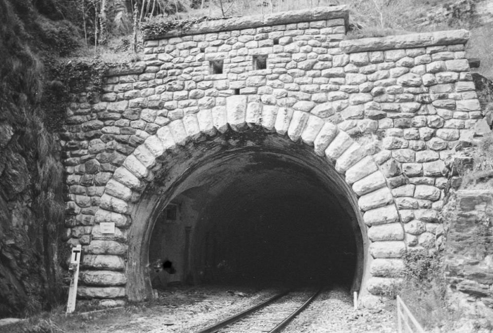 Ligne Maginot - Tunnel de Bergue - Entrée Nord - Le fronton de l'entrée nord du tunnel de Bergue avec les créneaux de tir du blockhaus supérieur et ceux de défense de l'entrée