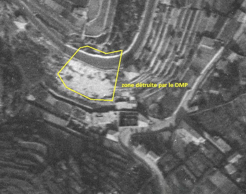 Ligne Maginot - 3 - VILLA BIEN SITUEE - (DMP - Dispositif de Mine Permanent) - Photo aérienne de 1943
La zone touchée par le DMP est bien visible. A cette date, la RN 7 a été rétablie.